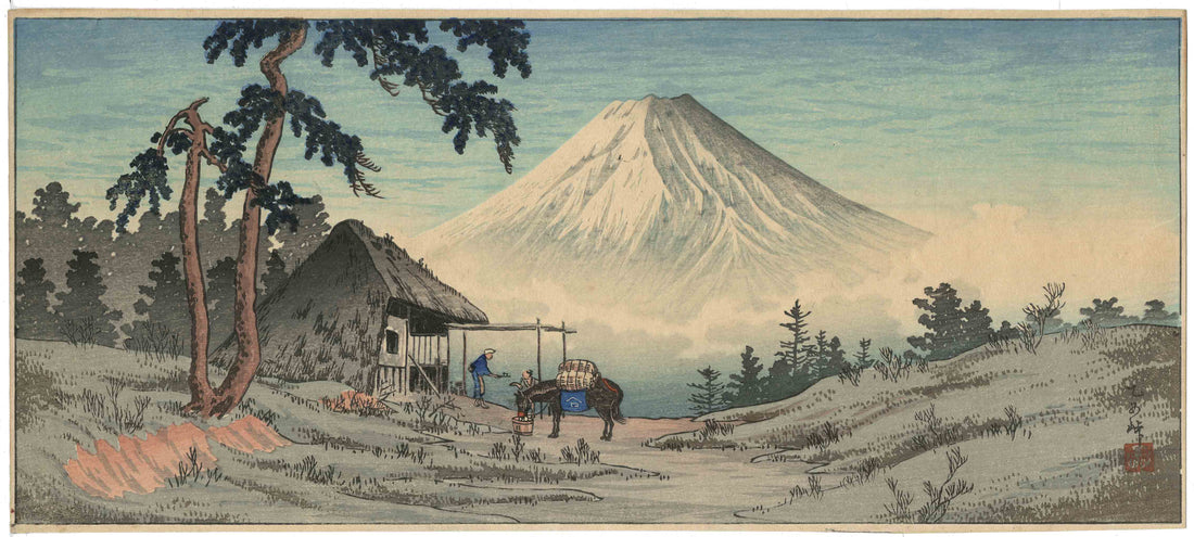 Estampe japonaise de Shotei Hiroaki montrant un paysage traditionnel avec le Mont Fuji