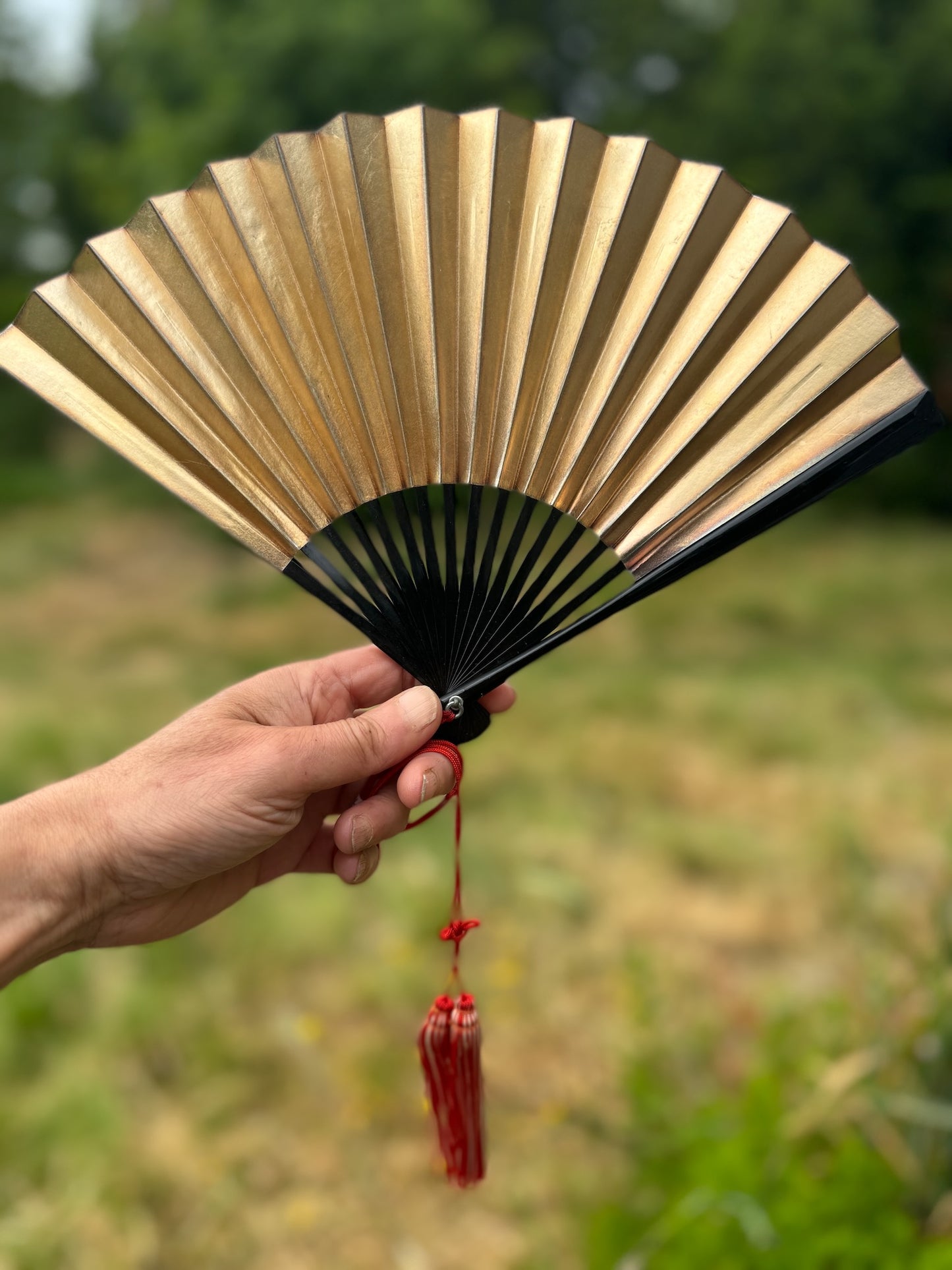 Éventail Traditionnel Japonais Or et Argent bois laqué noir