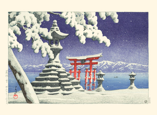 estampe japonaise paysage de neige sur le tori de Miyajima, en premier plan lanterne en pierre et arbre enneigé