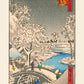 estampe japonaise tirage Fine Art d'un paysage de neige de Hiroshige avec un pont japonais et la neige qui tombe