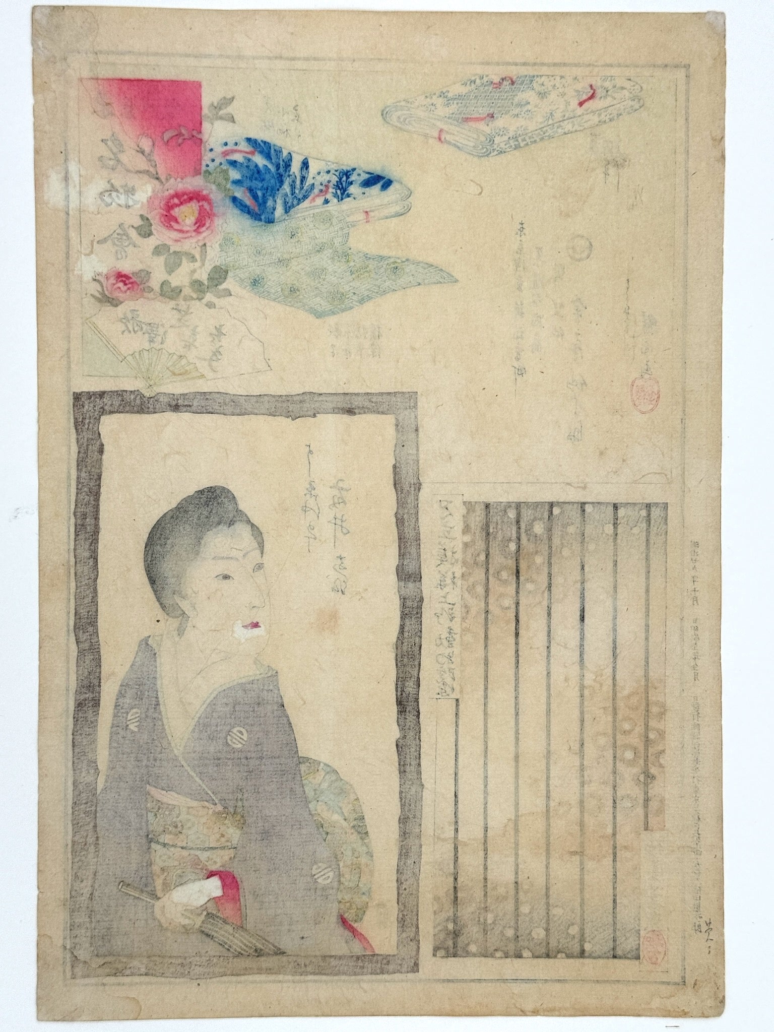 Estampe Japonaise de Toyohara Kunichika, portrait de femme en kimono gros tenant ombrelle. détails de textiles, tissus fleuris pour confection de kimonos. Dos de l'estampe.