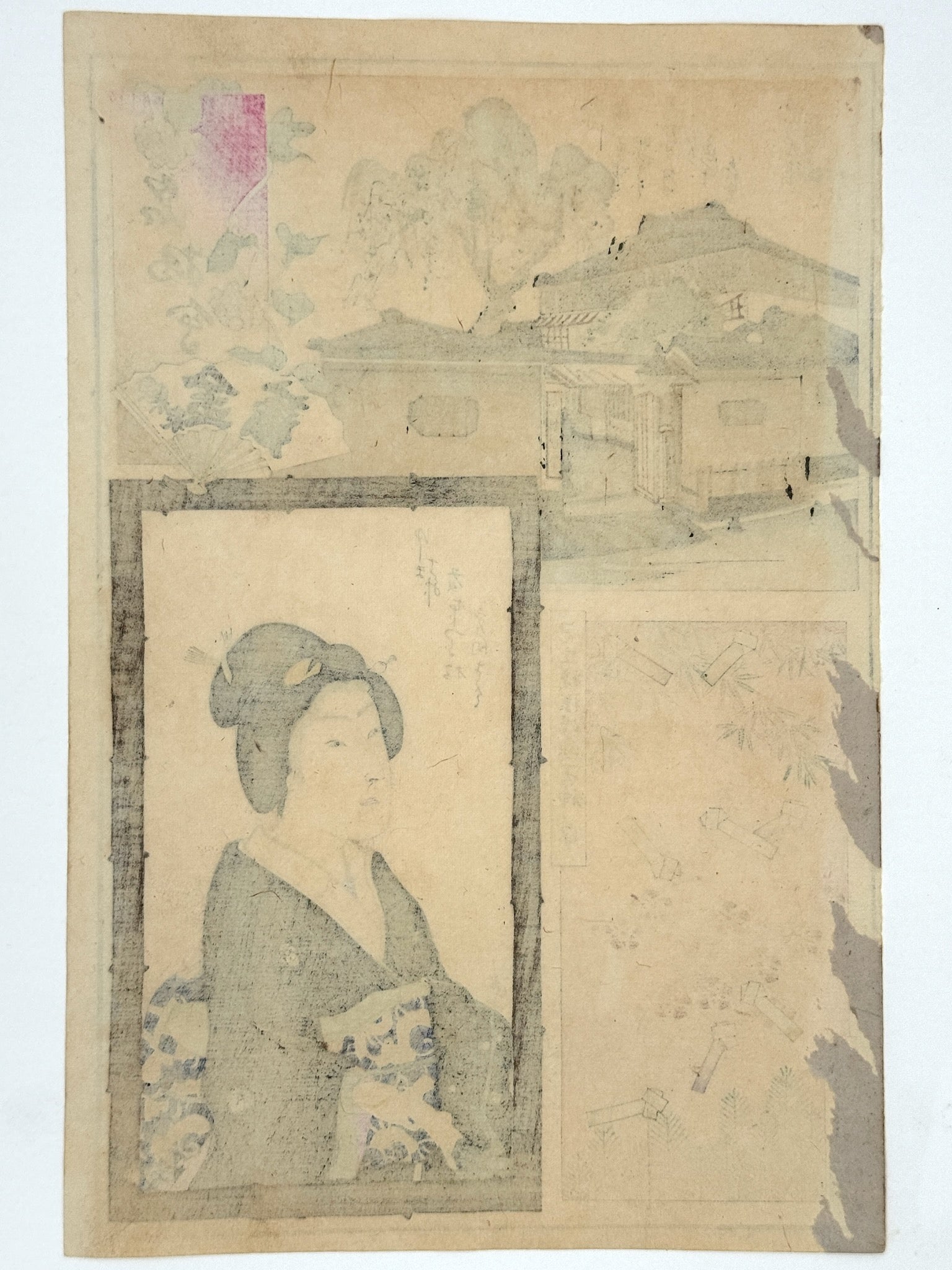 Estampe Japonaise de Kunichika Toyohara, femme en kimono noir et obi doré, façade restaurant de poisson, pliage papiers blanc, motif textile bambou, palme, cartouche violet avec raison et éventail. Dos estampe