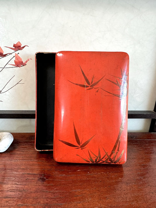 boite en laque japonaise urushi orange motif bambou