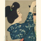 estampe japonaise geisha en kimono bleu accrochant une lanterne de Shinsui Iti, reproduction Fine Art