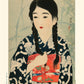 estampe japonaise beauté aux longues nattes en kimono bleu, de Shinsui Ito, reproduction Fine Art