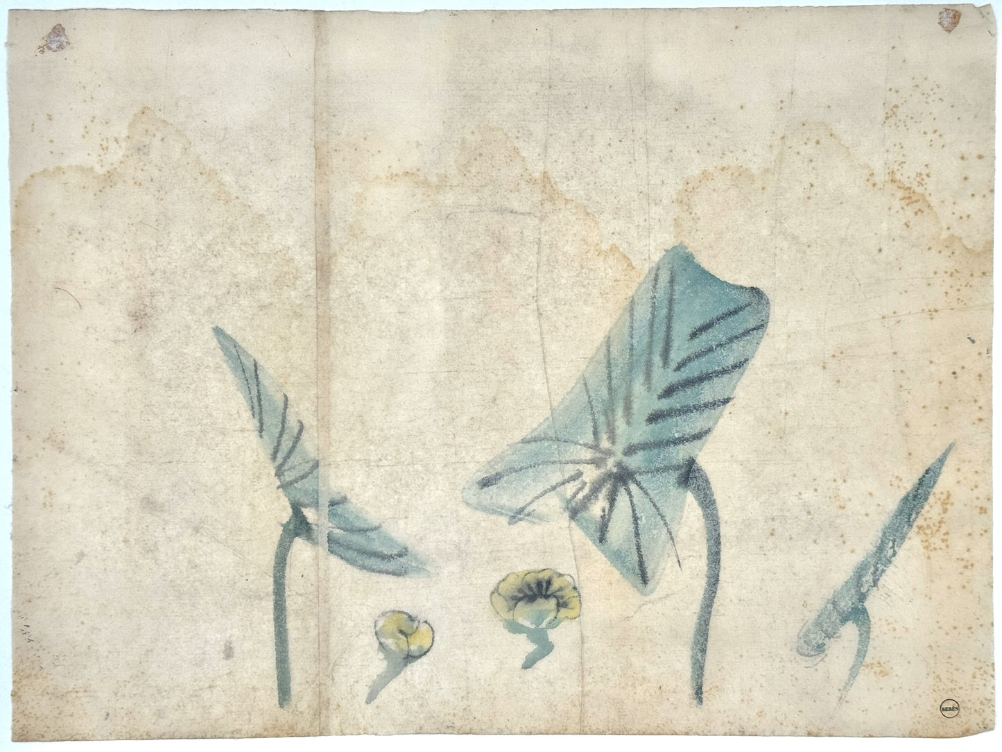 peinture japonaise sumi-e représentant un lotus et fleurs naissantes, sur papier washi, verso