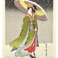 estampe japonaise de Eizan, une beauté en kimono vert sous un grand parapluie une nuit de neige