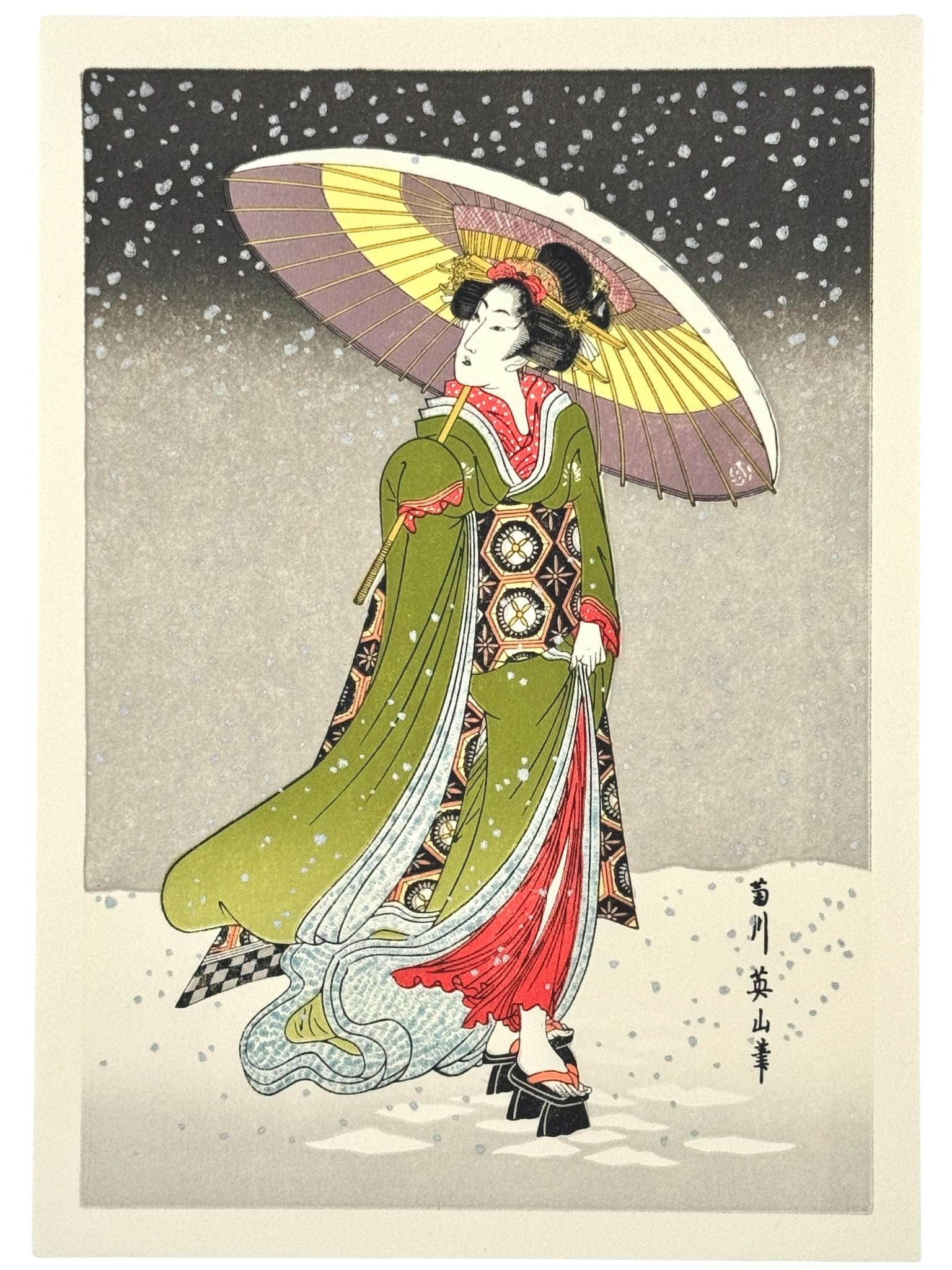 estampe japonaise de Eizan, une beauté en kimono vert sous un grand parapluie une nuit de neige