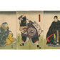 Triptyque Estampes japonaises anciennes de kunisada de trois acteurs de kabuki. Une vieille femme assise, un homme à l'éventail menaçant et un homme calme en kimono noir. 