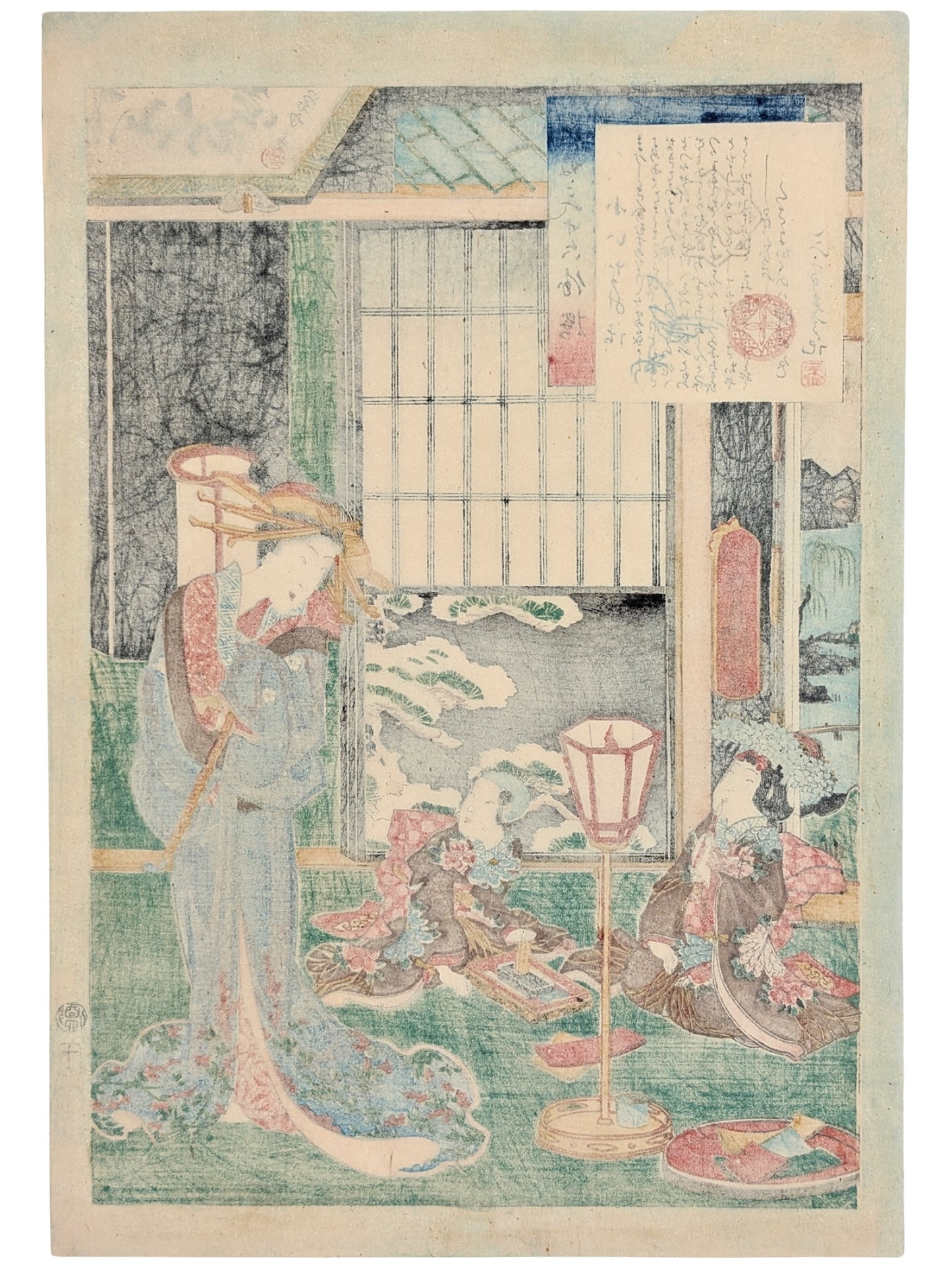 Estampe Japonaise de Kunisada Toyokuni une courtisane pipe à la main l'hiver et enfants frottant une pierre à encre éclairé par lanterne traditionnelle japonaise. dos de l'estampe