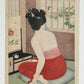 Lithographie Japonaise, Femme nue de dos avec étoffe rouge autour de sa taille, regardant par la fenêtre hortensias et papillon torse  Assise sur coussin à carreaux devant une petite coiffeuse avec miroir recouvert d'un tissu brodé de fleurs de pavot. 