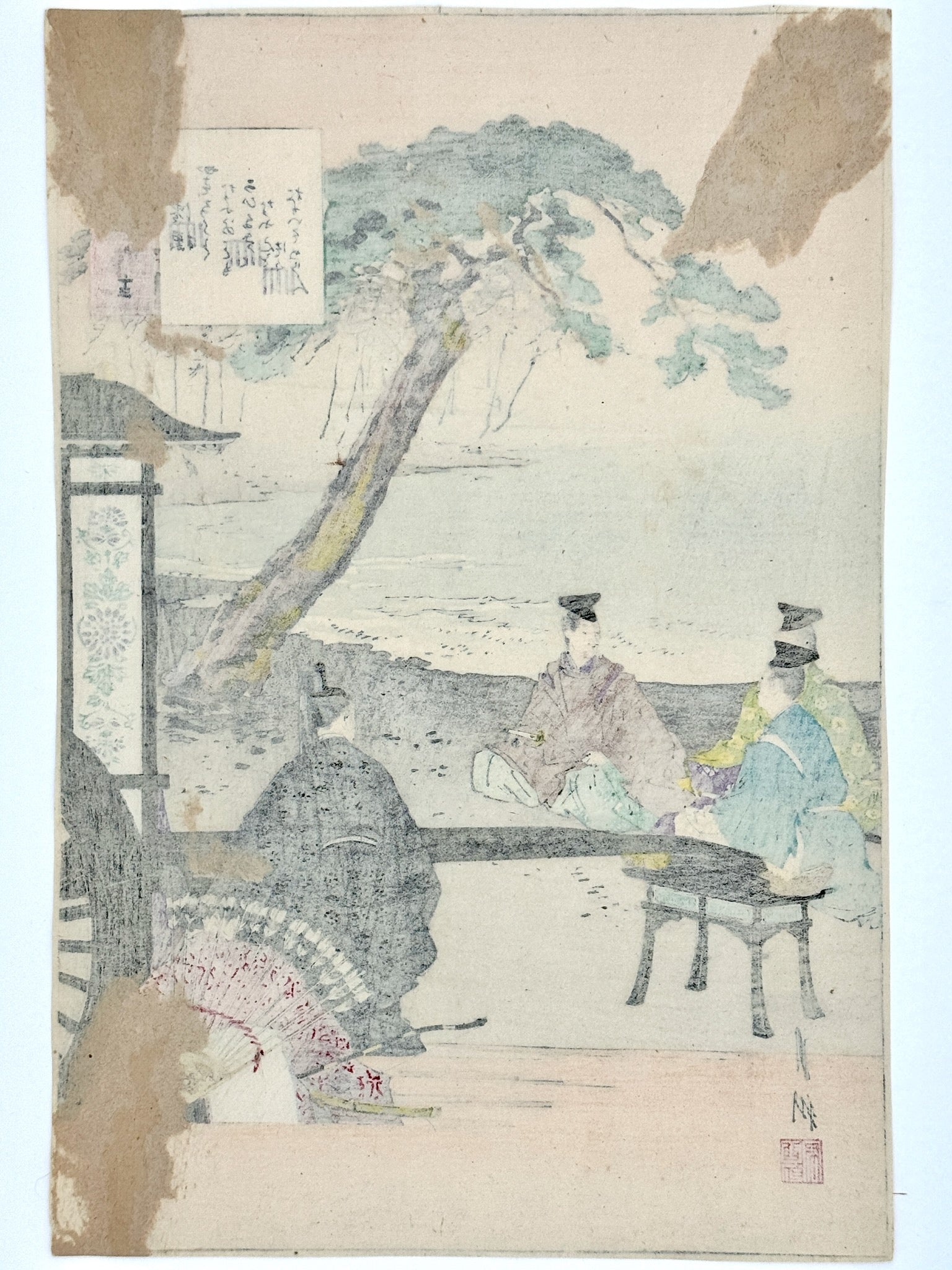 estampe japonaise Ogata Gekko, hommes discutant sur une plage, arbres et  carrosse, dos estampe