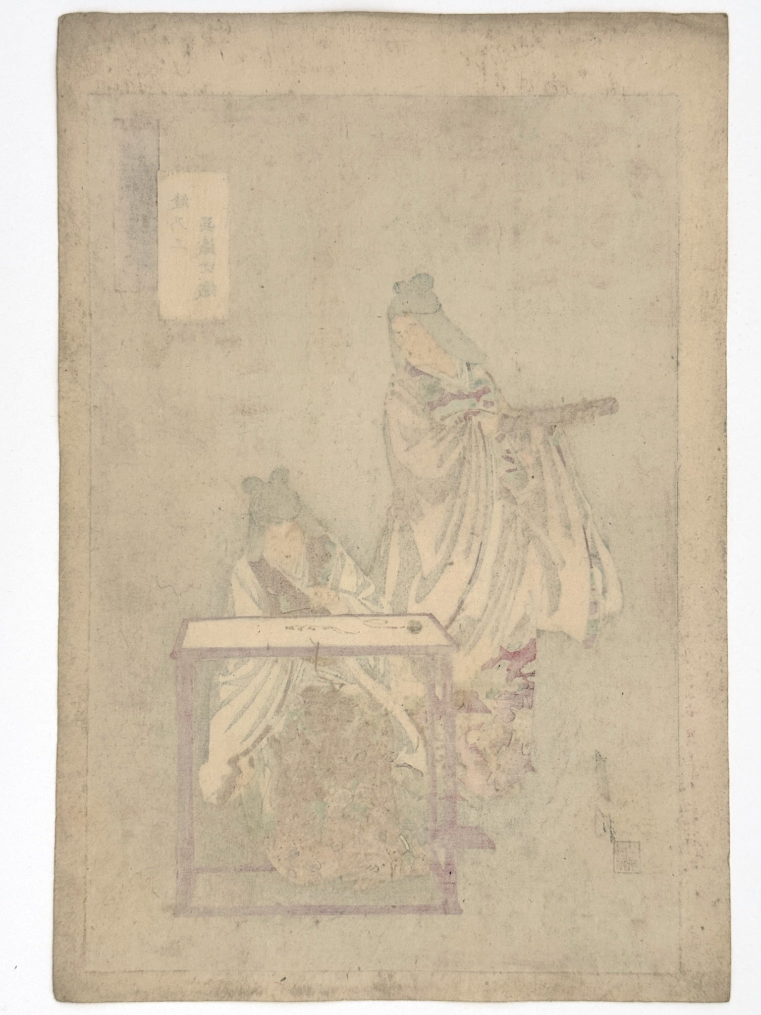 estampe japonaise d'ogata gekko, deux femmes brodant, métier à tisser  dos estampe