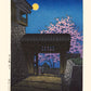 reproduction estampe japonaise de Hasui, nuit de pleine lune et cerisier en fleur au chateau de Matsuyama