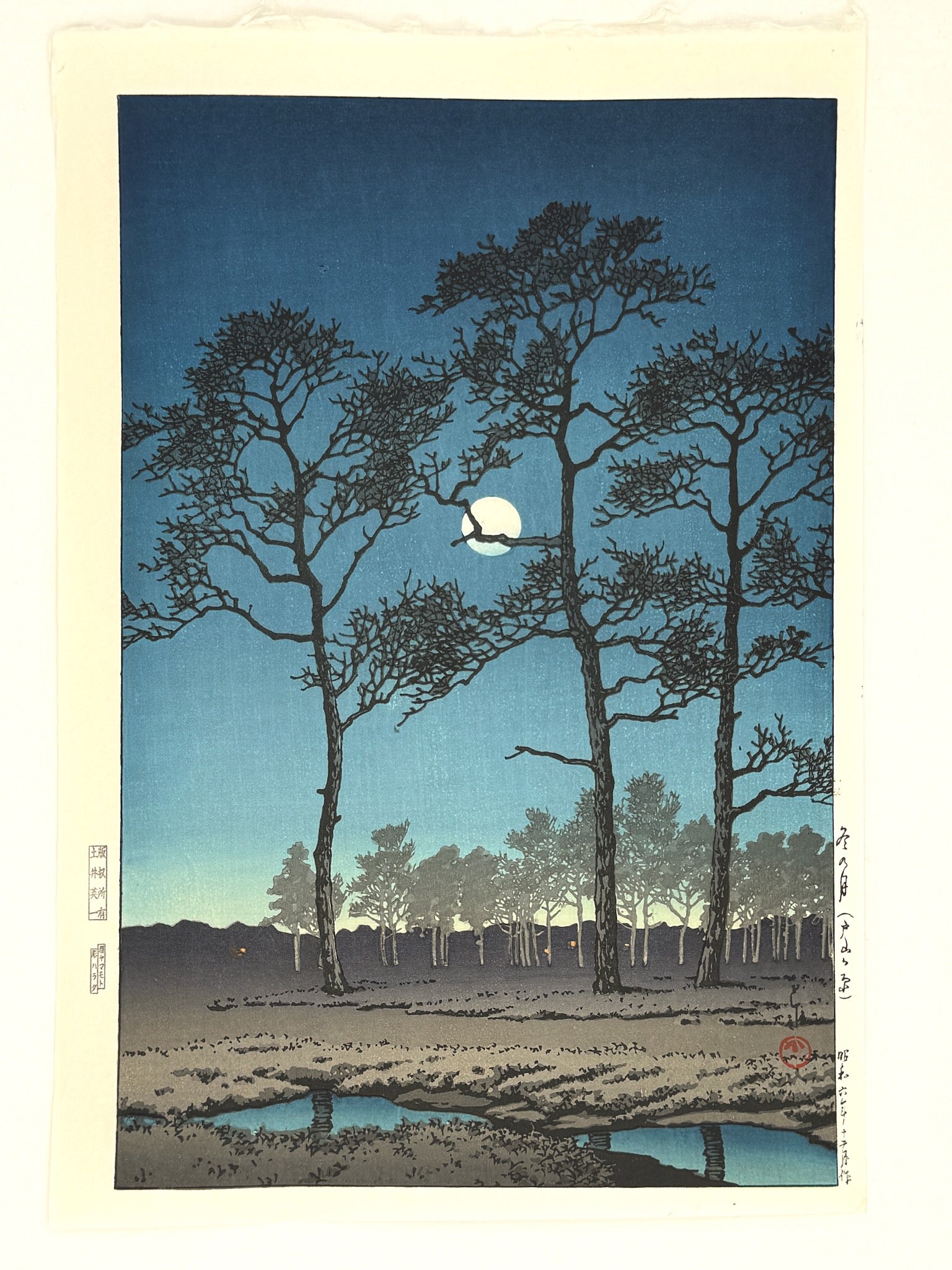 estampe japonaise de hasui kawase lune d hiver a toyama arbre et ombre dans la nuit japanese print uchiwa gallery