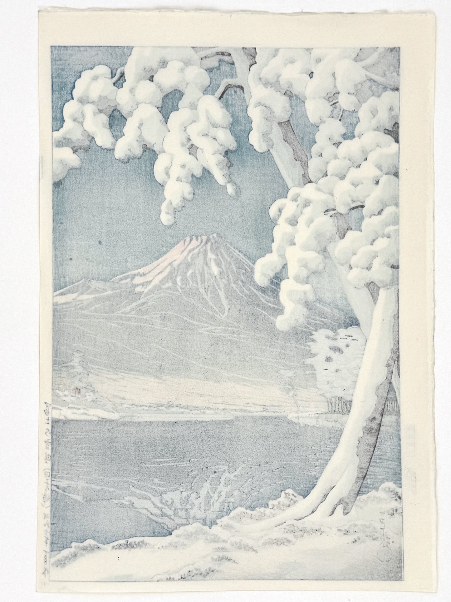 estampe japonaise de Hasui Kawase, le Mont Fuji sous la neige, dos de l'estampe