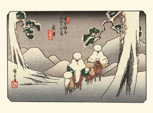 estampe japonaise reproduction Fine Art de Hiroshige, Hommes à cheval dans un paysage de neige