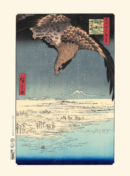 estampe japonaise paysage enneigé de Hiroshige avec un aigle en premier plan, reproduction Fine Art