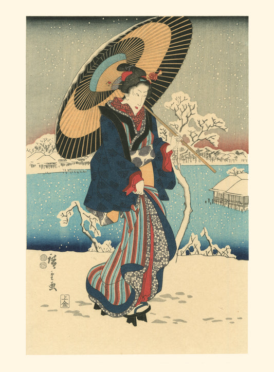 estampe japonaise de Hiroshige, geisha dans la neigetirage Fine Art
