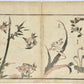 Estampe Japonaise de Hokkei Toyota, La manga, trois Moineaux virevoltant autour d'un bambou, lys asiatique, lys japonais, fleurs d'eupatoire et rose trémière. 