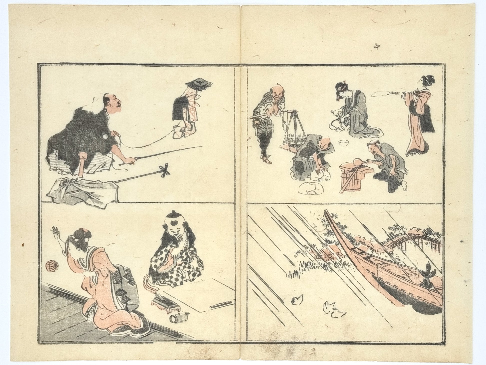 Estampe japonaise de Toyota Hokkei, Quatre scènettes, enfant faisant calligraphie, femmes jouant au ballon et à Hagoita, artisans travaillant. Paysage avec Barque amarrée, pluie et pont arqué, canards. 