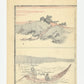 Estampe Japonaise de Toyota Hokkei, paysage, colline au bord de l'eau, torii, deux barques amarrées et barque avec barreur dirigeant embarcation et homme avec éventail. Dos estampe 