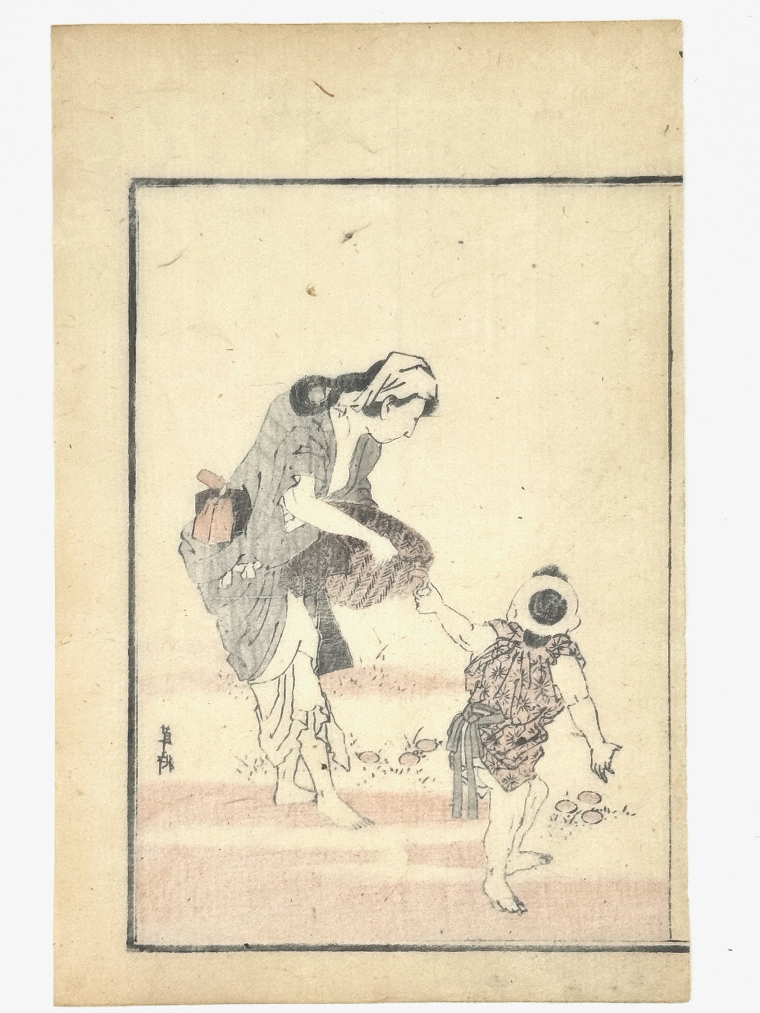 Estampe Japonaise de Toyota Hokkei, femme et enfant cueillant des champignon avec panier en osier, kimono motif géométriques, dos estampe 