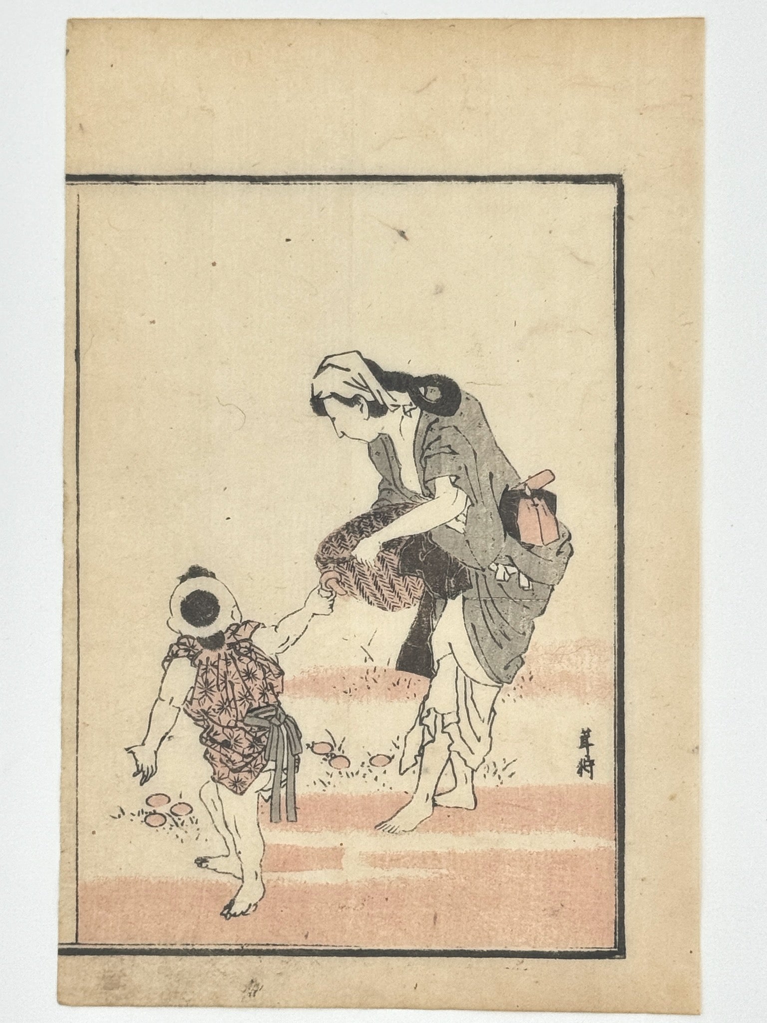 Estampe Japonaise de Toyota Hokkei, femme et enfant cueillant des champignon avec panier en osier, kimono motif géométriques