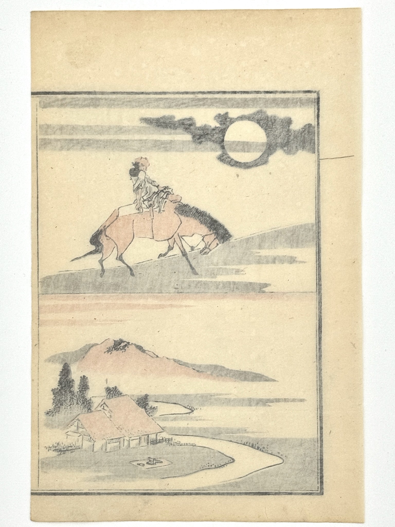 Estampe Japonaise de Toyota Hokkei, un voyageur, homme à cheval sous la pleine lune, paysage de montagne avec maison en contre bas, arbre, chemin. Dos Estampe japonaise