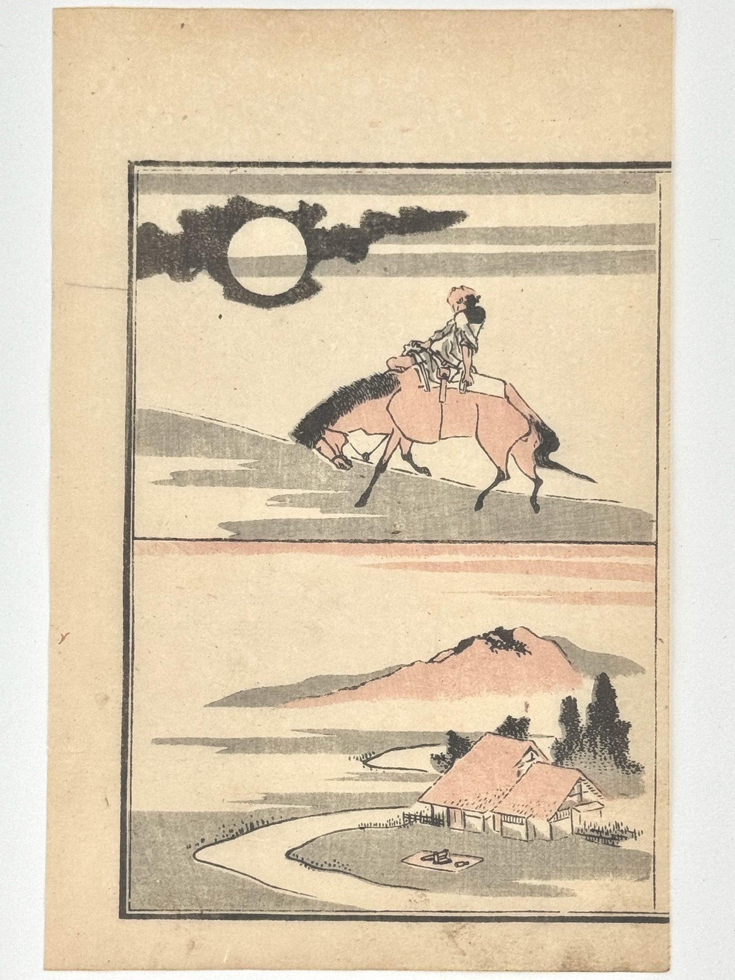 Estampe Japonaise de Toyota Hokkei, un voyageur, homme à cheval sous la pleine lune, paysage de montagne avec maison en contre bas, arbre, chemin