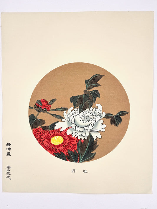 estampe japonaise Jakuchu Ito, fleurs de pivoine blanche et rouge