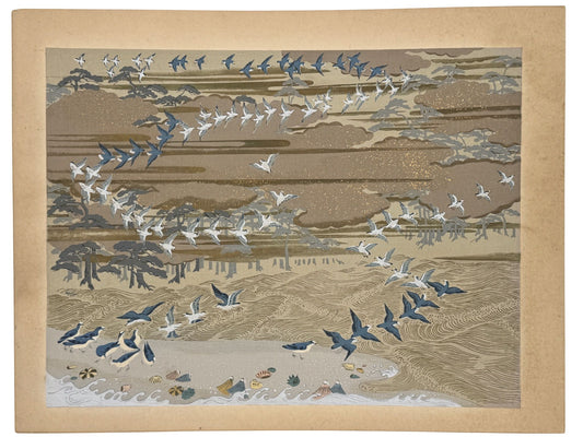 estampe japonaise école Kano, envol d'oiseaux au dessus de la plage jonchée de coquillages