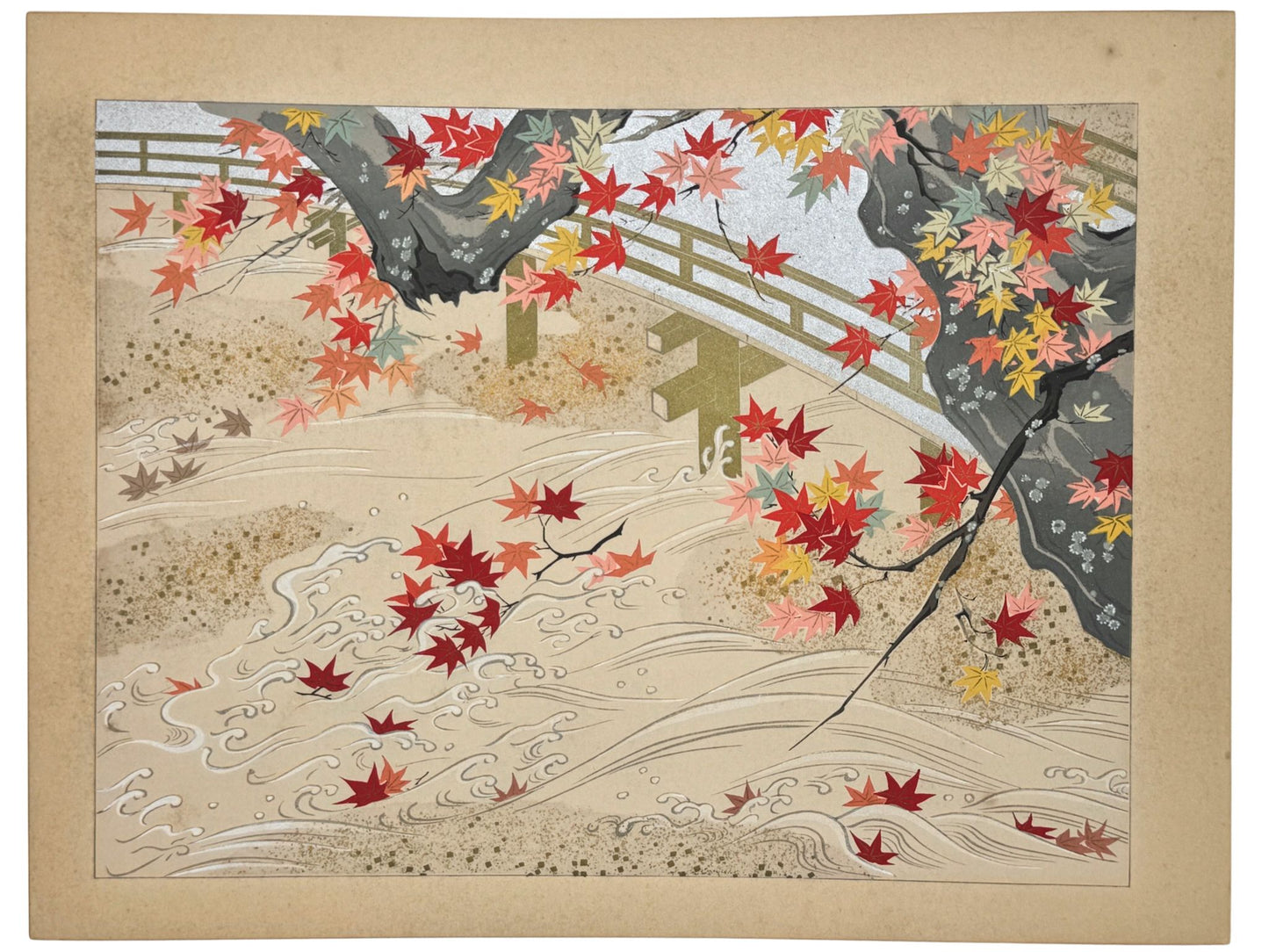 estampe japonaise école Kano, érables rouge à l'automne, pont et rivière à Uji