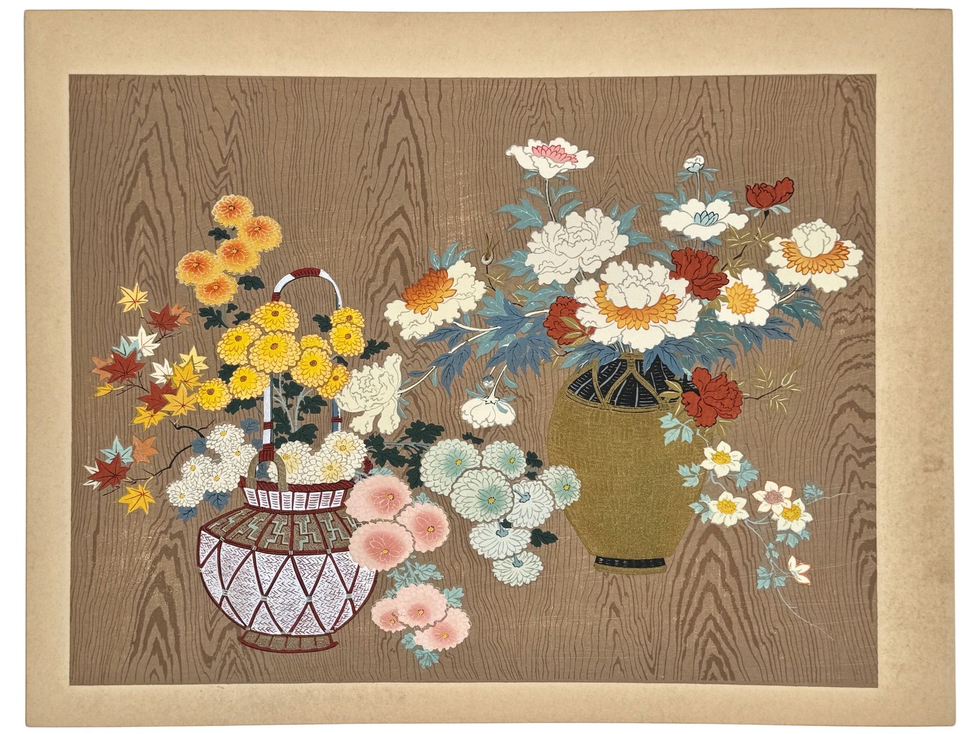 estampe japonaise école Kano, fleurs d'automne dans des vases