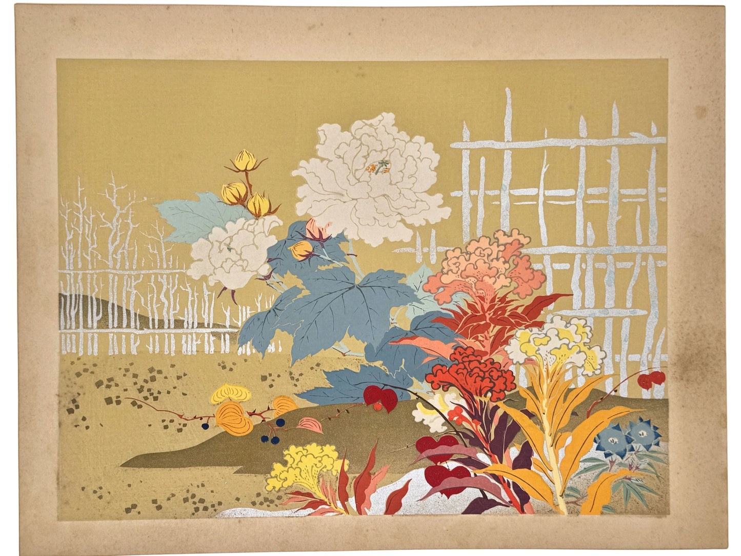 estampe japonaise école Kano, jardin jardin chrysanthèmes et fleurs d'automne