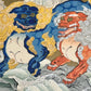 estampe japonaise école Kano, deux lions Shishi, sautant au dessus d'une cascade, gros plan, l'un bleu à la crinière or et l'autre lion orange à la crinière argent