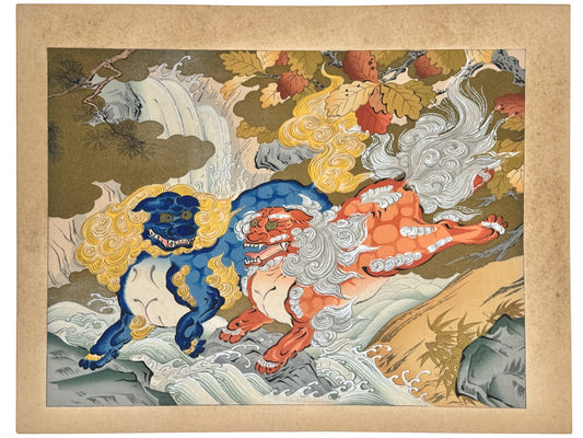 estampe japonaise école Kano, deux lions Shishi, sautant au dessus d'une cascade