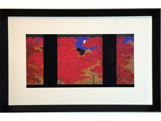 estampe japonaise contemporaine encadrée de Teruhide Kato paysage automne érables rouge flamboyant une nuit de pleine lune