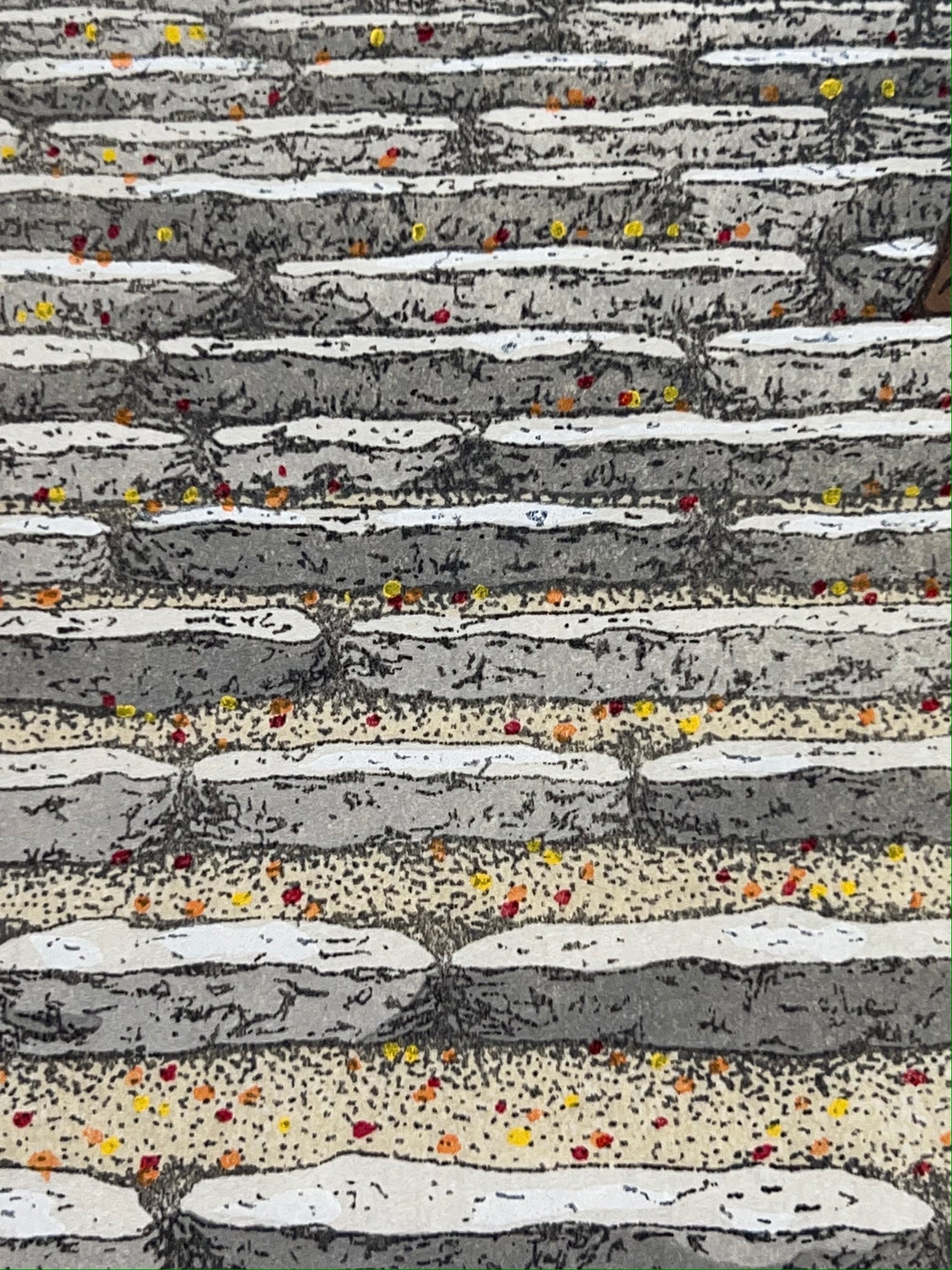 Estampe japonaise contemporaine de teruhide kato marches parsemées de feuilles d'arebles rouge et jaune vers le temple sando in a l'automne, l'escalier parsemé de feuilles rouges et jaunes tombées des érables