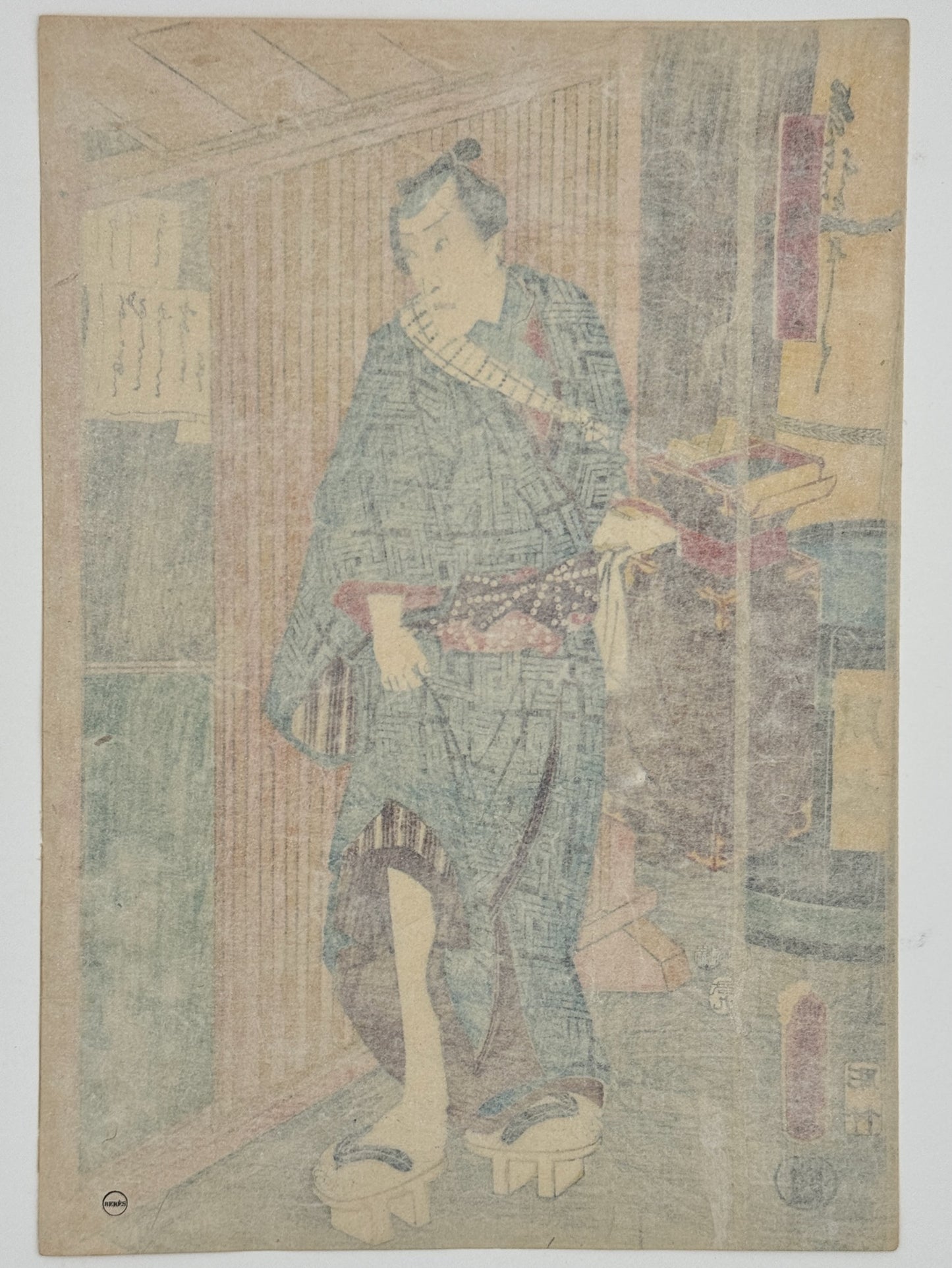 estampe japonaise homme en kimono bleu avec nécessaire à coiffure à la main, verso de l'estampe