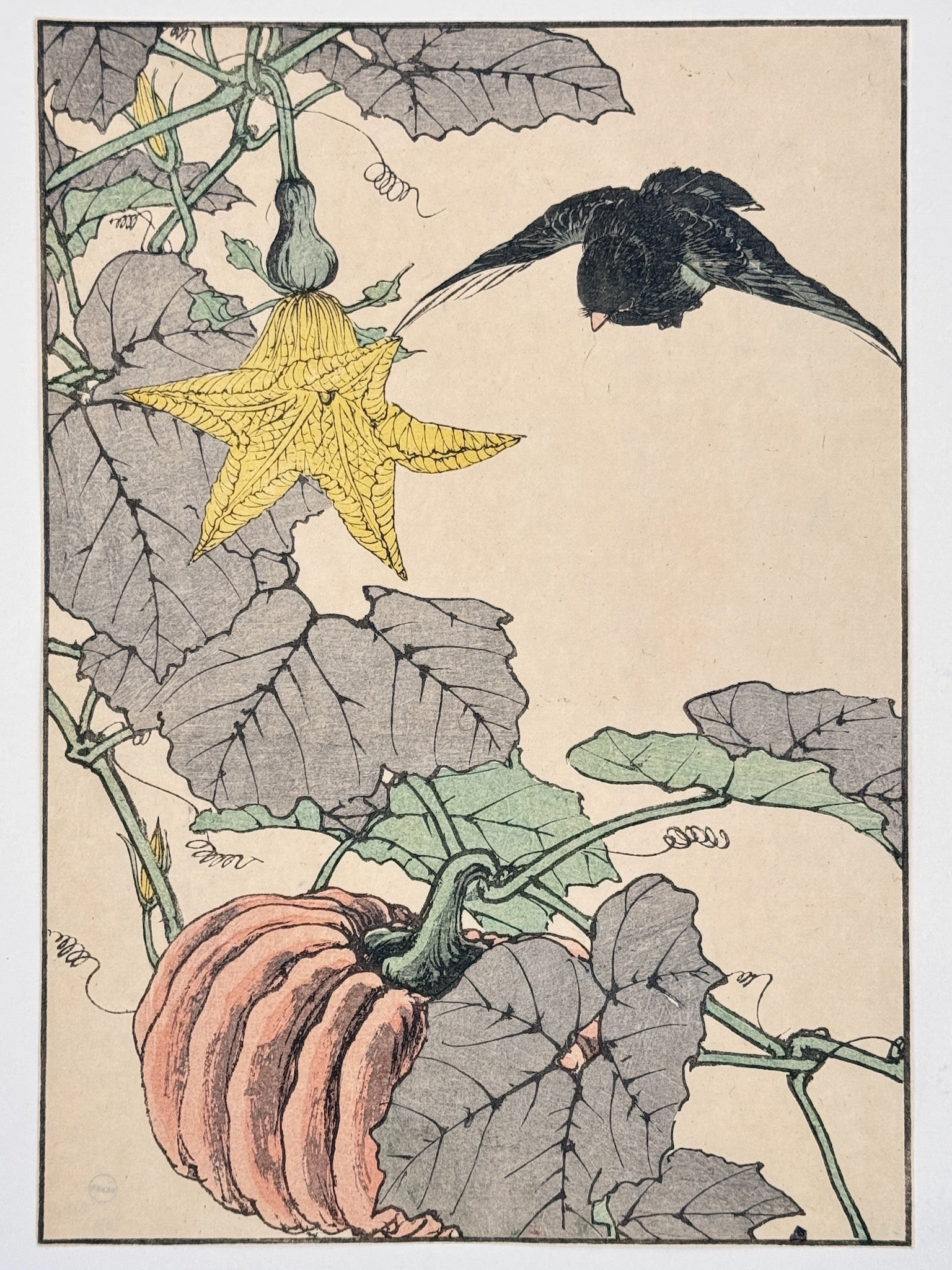 estampe japonaise de Keinen, oiseau noir survolant une courge