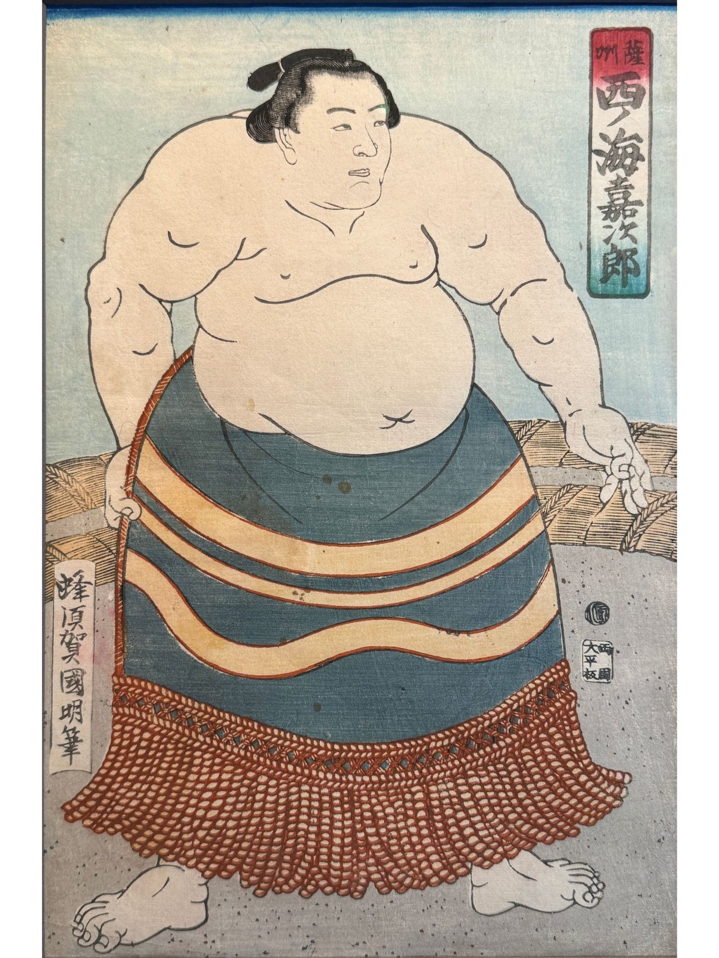 estampe japonaise de Kuniaki, portrait de sumo en pied avec pagne