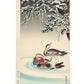 estampe japonaise de Koitsu, couple de canards mandarin nageant sous des pins couvert de neige