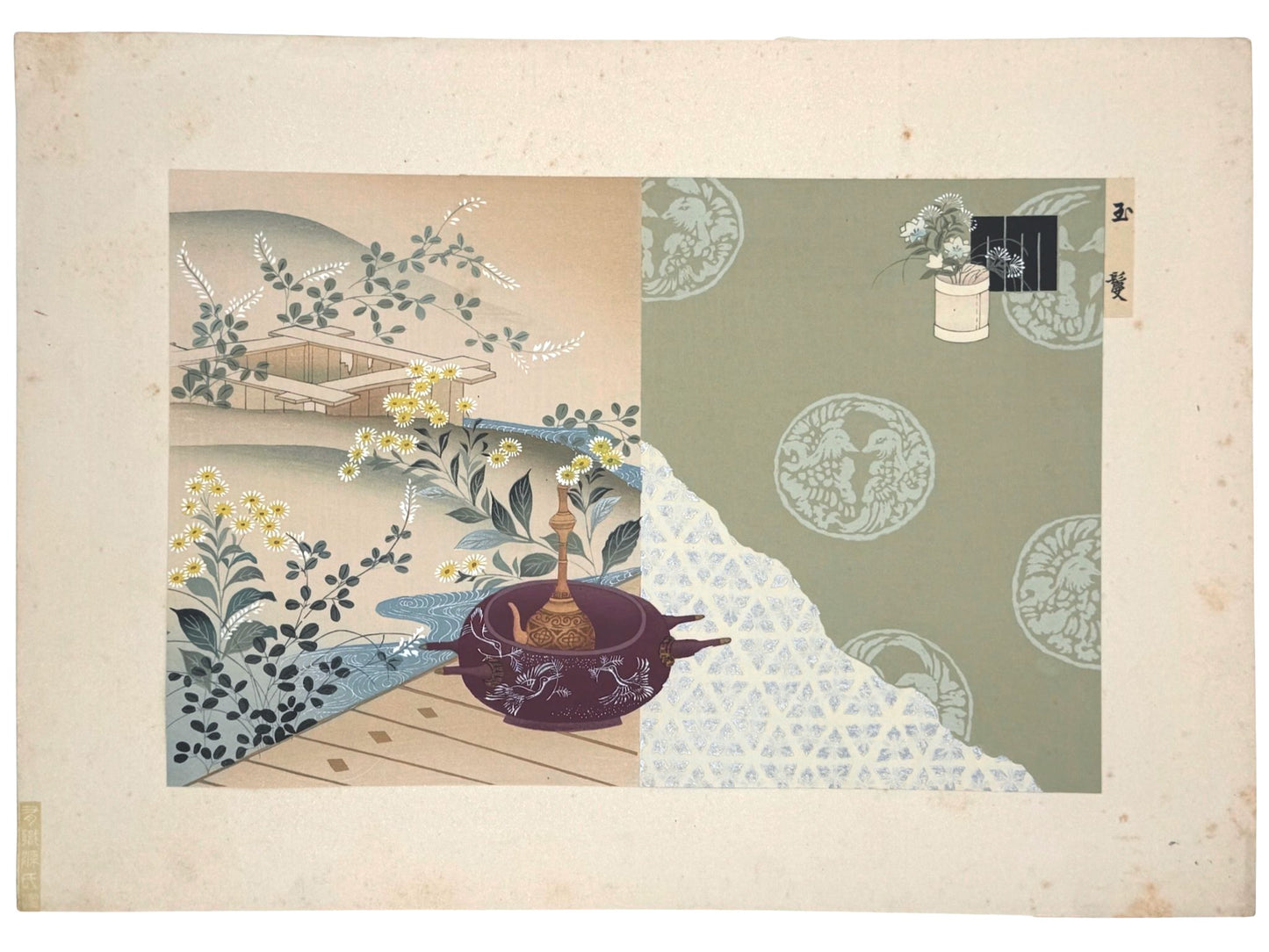 Estampe Japonaise de Kojima Gyokuho, dit du genji, braséro Japonais, fleurs, paysage rivière