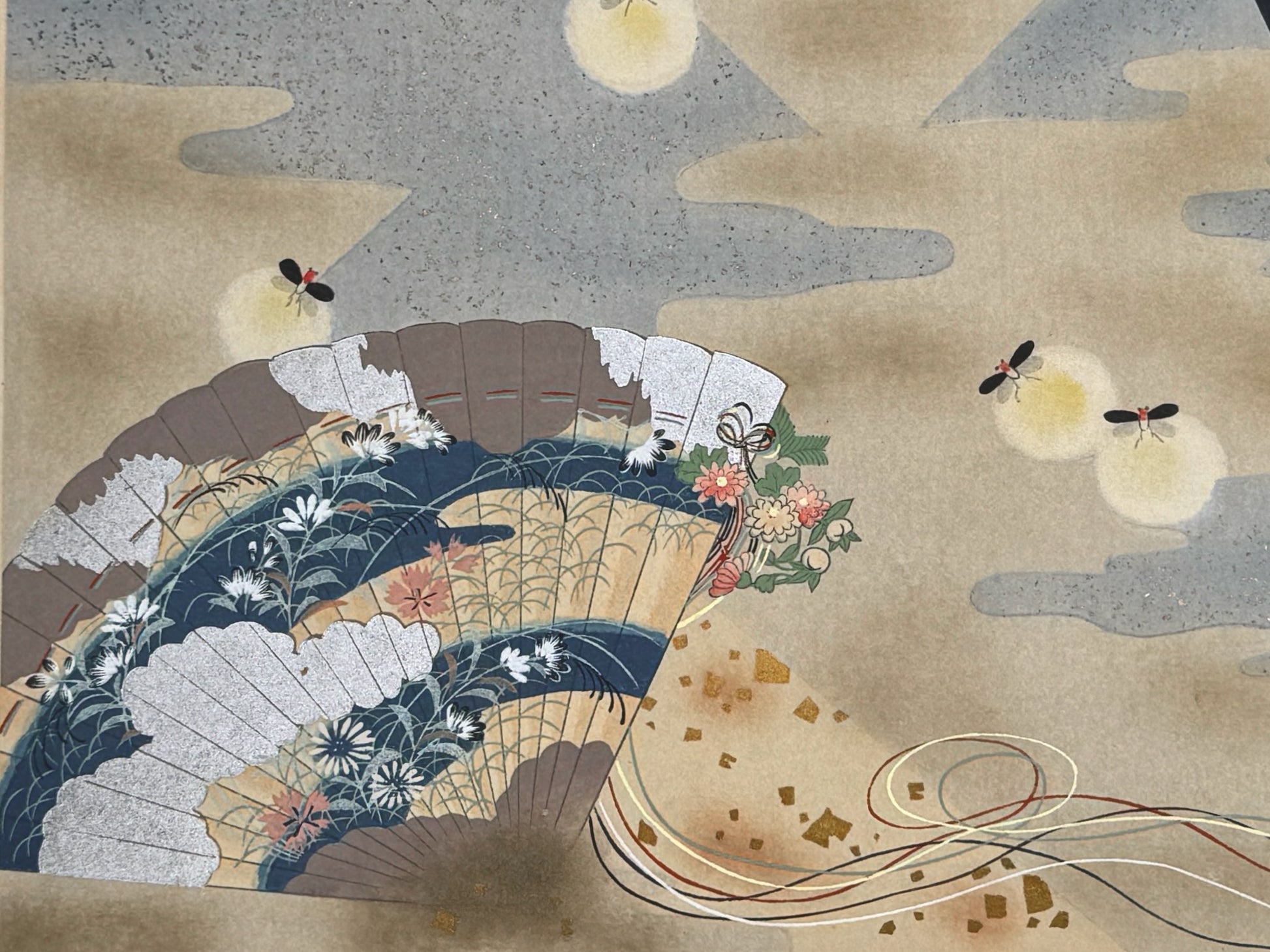 Estampe Japonaise de Kojima Gyokuho, éventail, chrysanthèmes