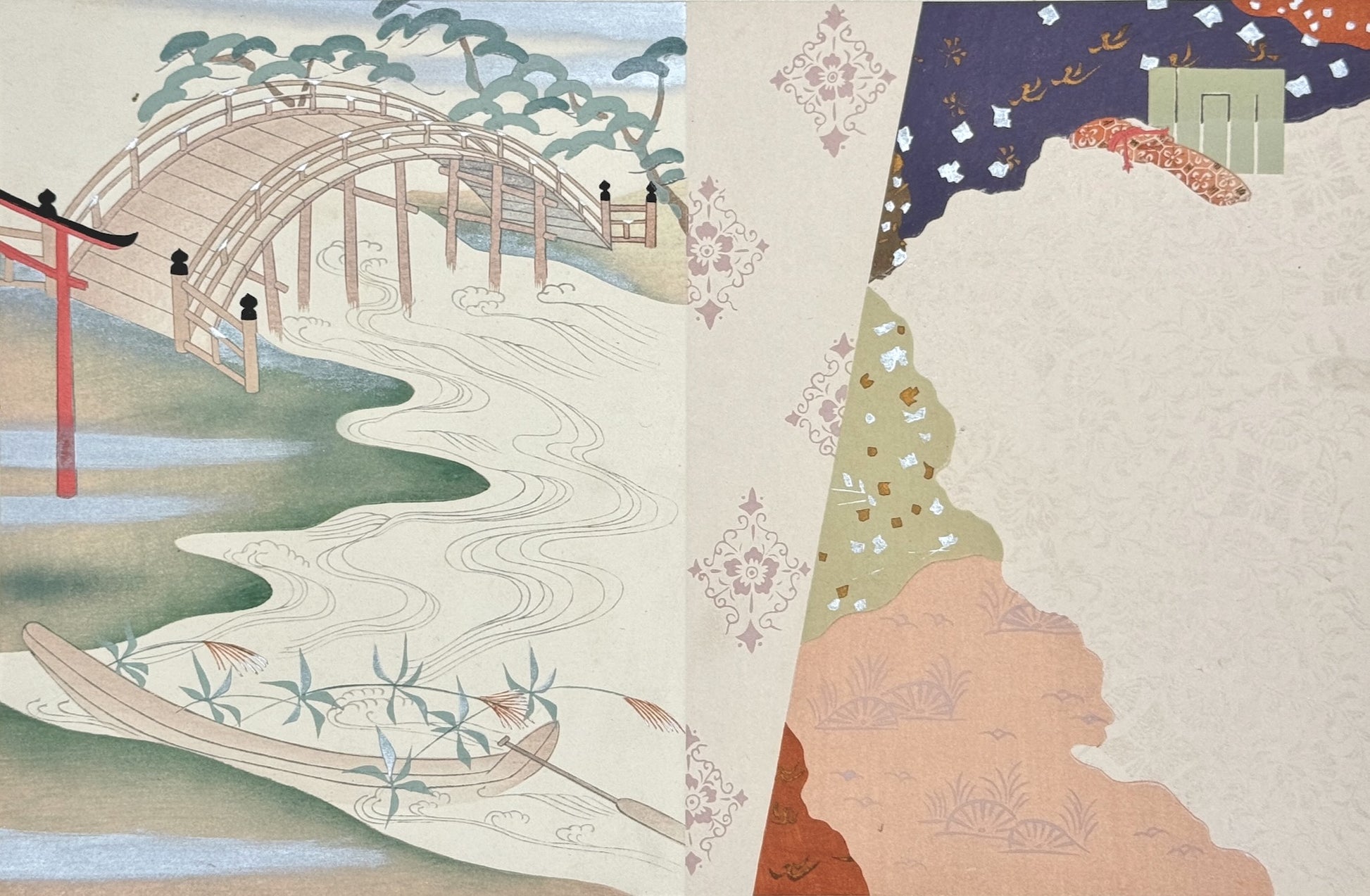 Estampe Japonaise Kojima Gyokuho, pont japonais, torii, tissu colorés feuilles d'or et argent 