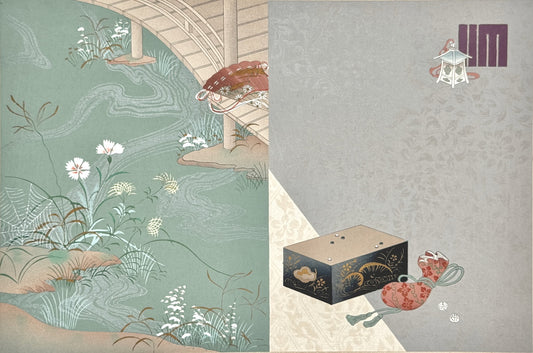 Estampe Japonaise de Kojima Gyokuho, paysage, rivière, eventail, boite de jeu, dés, lanterne de suspension tissu gris
