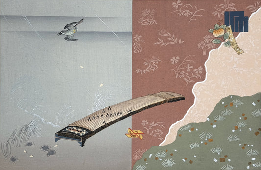 Estampe Japonaise de Kojima Gyokuho, dit du genji, koto, oiseau, pluie, tissus colorés et feuilles d'or