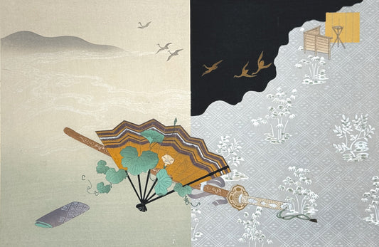 Estampe Japonaise de Kojima Gyokuho,  dit du genji, paysage hiver, éventail, sabre, oiseaux