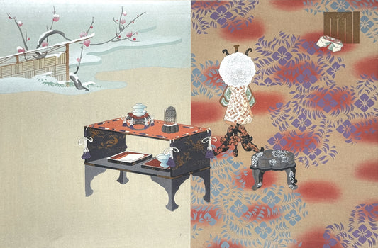 Estampe Japonaise Kojima Gyokuho, hiver, prunier, neige et meuble, thé, boite, tasse